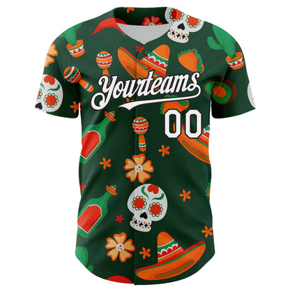 Custom Green White-Black 3D Mexican Festival Sombrero And Skull Cinco de Mayo Authentic Baseball Jersey - Sky-Custom