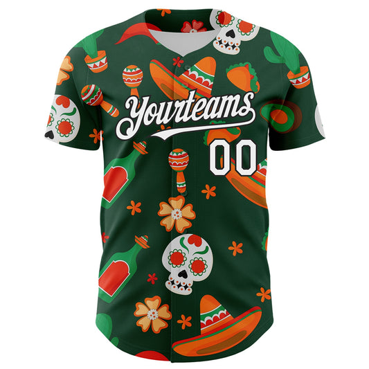 Custom Green White-Black 3D Mexican Festival Sombrero And Skull Cinco de Mayo Authentic Baseball Jersey - Sky-Custom