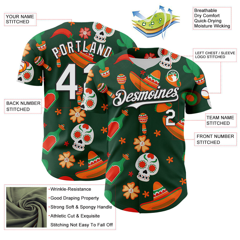 Custom Green White-Black 3D Mexican Festival Sombrero And Skull Cinco de Mayo Authentic Baseball Jersey - Sky-Custom