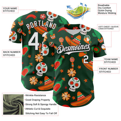 Custom Green White-Black 3D Mexican Festival Sombrero And Skull Cinco de Mayo Authentic Baseball Jersey - Sky-Custom