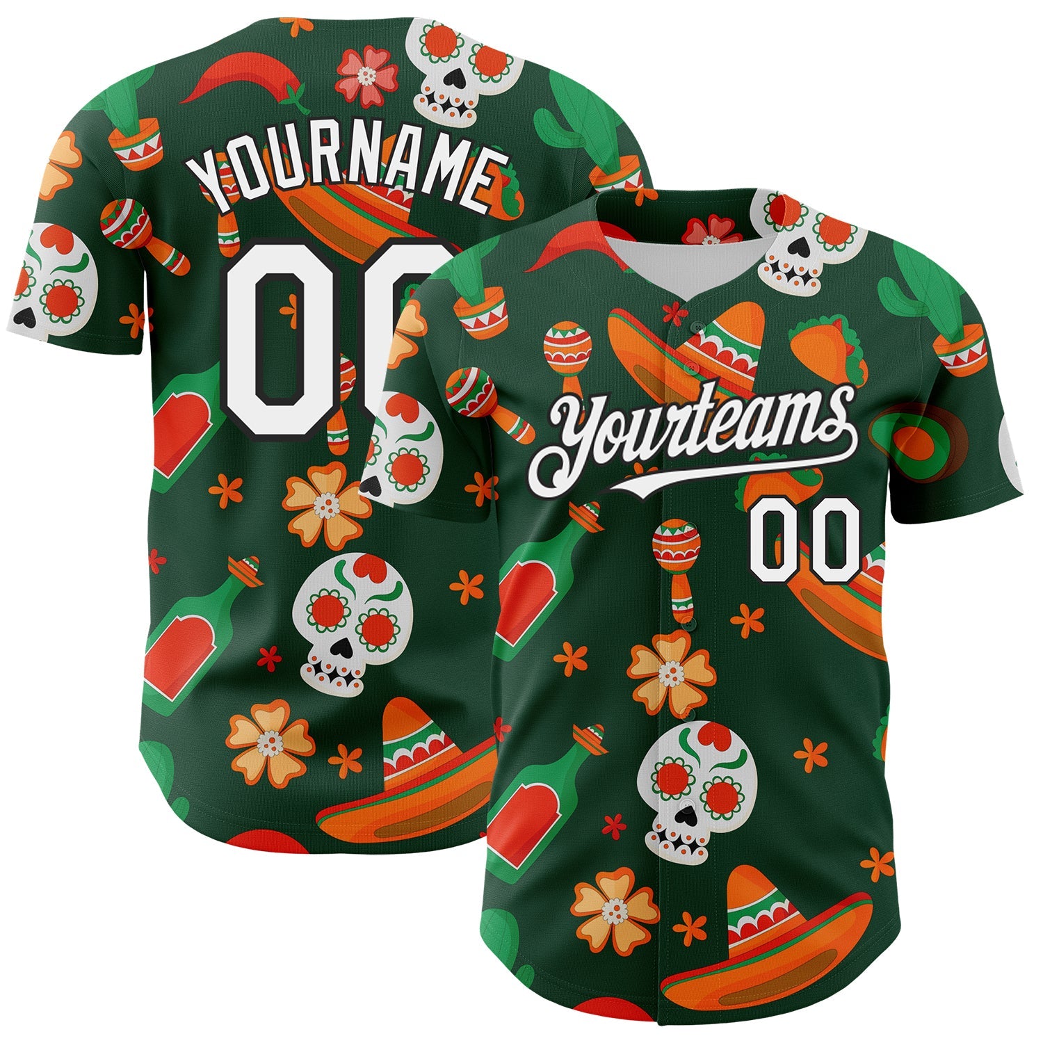 Custom Green White-Black 3D Mexican Festival Sombrero And Skull Cinco de Mayo Authentic Baseball Jersey - Sky-Custom