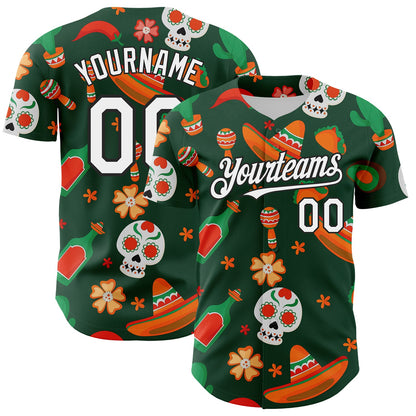 Custom Green White-Black 3D Mexican Festival Sombrero And Skull Cinco de Mayo Authentic Baseball Jersey - Sky-Custom