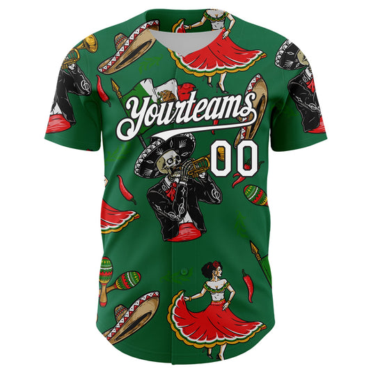 Custom Kelly Green White-Black 3D Mexican Festival Skull Cinco de Mayo Authentic Baseball Jersey - Sky-Custom
