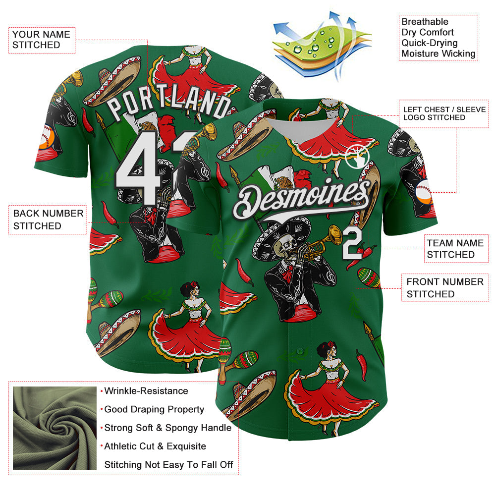 Custom Kelly Green White-Black 3D Mexican Festival Skull Cinco de Mayo Authentic Baseball Jersey - Sky-Custom