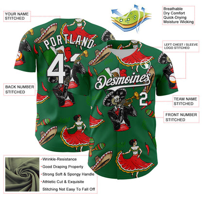 Custom Kelly Green White-Black 3D Mexican Festival Skull Cinco de Mayo Authentic Baseball Jersey - Sky-Custom