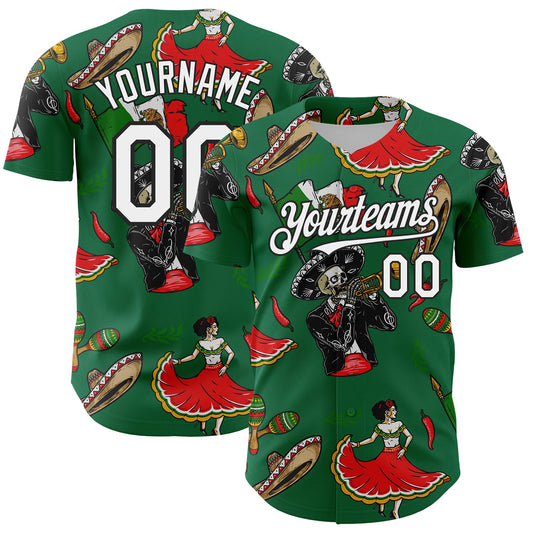 Custom Kelly Green White-Black 3D Mexican Festival Skull Cinco de Mayo Authentic Baseball Jersey - Sky-Custom