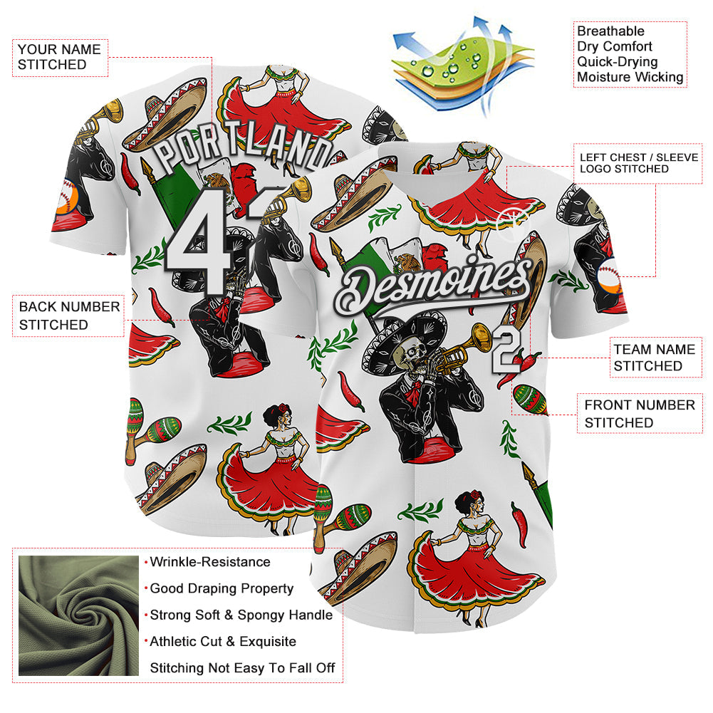 Custom White Black 3D Mexican Festival Skull Cinco de Mayo Authentic Baseball Jersey - Sky-Custom