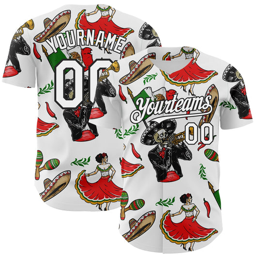 Custom White Black 3D Mexican Festival Skull Cinco de Mayo Authentic Baseball Jersey - Sky-Custom