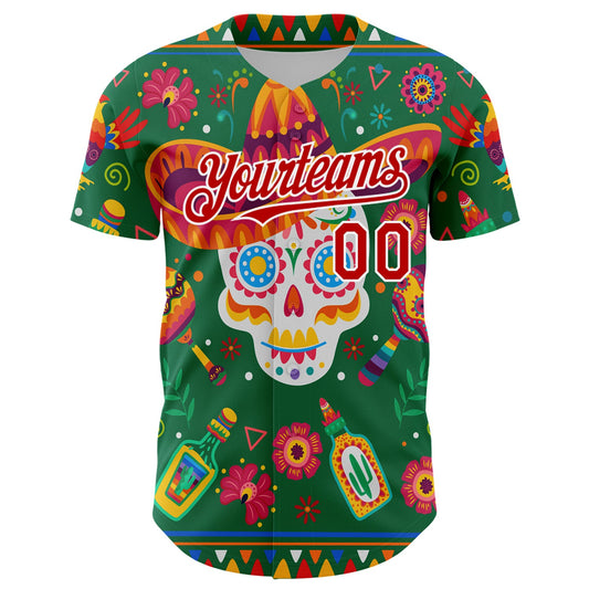 Custom Kelly Green Red-White 3D Mexican Festival Flower Skull With Sombrero Cinco de Mayo Authentic Baseball Jersey - Sky-Custom