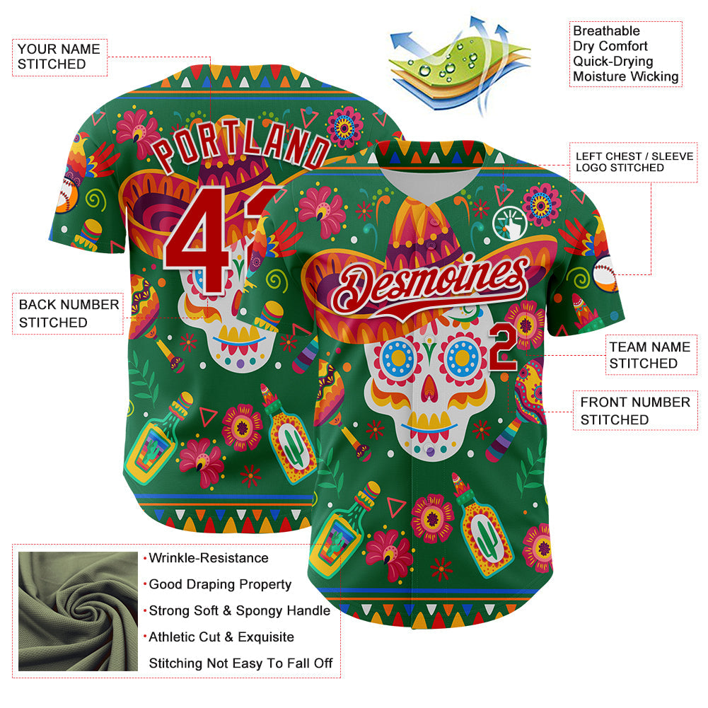Custom Kelly Green Red-White 3D Mexican Festival Flower Skull With Sombrero Cinco de Mayo Authentic Baseball Jersey - Sky-Custom
