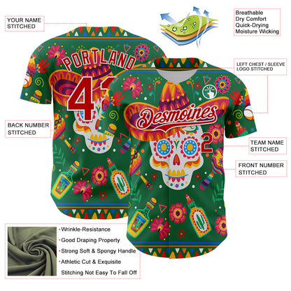 Custom Kelly Green Red-White 3D Mexican Festival Flower Skull With Sombrero Cinco de Mayo Authentic Baseball Jersey - Sky-Custom