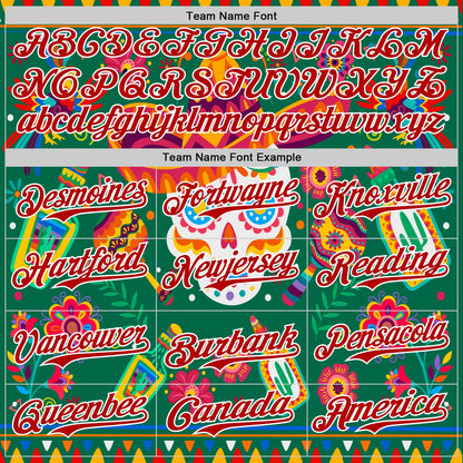 Custom Kelly Green Red-White 3D Mexican Festival Flower Skull With Sombrero Cinco de Mayo Authentic Baseball Jersey - Sky-Custom