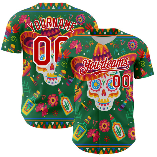 Custom Kelly Green Red-White 3D Mexican Festival Flower Skull With Sombrero Cinco de Mayo Authentic Baseball Jersey - Sky-Custom