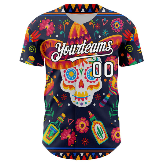 Custom Navy White-Black 3D Mexican Festival Flower Skull With Sombrero Cinco de Mayo Authentic Baseball Jersey - Sky-Custom