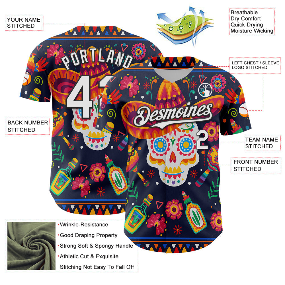 Custom Navy White-Black 3D Mexican Festival Flower Skull With Sombrero Cinco de Mayo Authentic Baseball Jersey - Sky-Custom