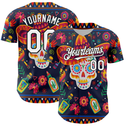 Custom Navy White-Black 3D Mexican Festival Flower Skull With Sombrero Cinco de Mayo Authentic Baseball Jersey - Sky-Custom