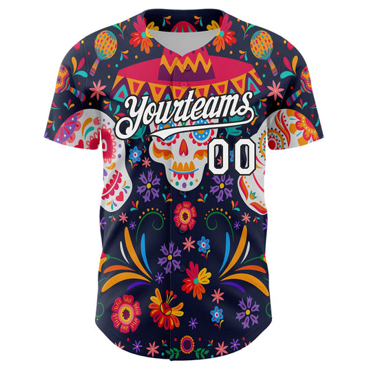 Custom Navy White-Black 3D Mexican Festival Flower Skull With Sombrero Cinco de Mayo Authentic Baseball Jersey - Sky-Custom