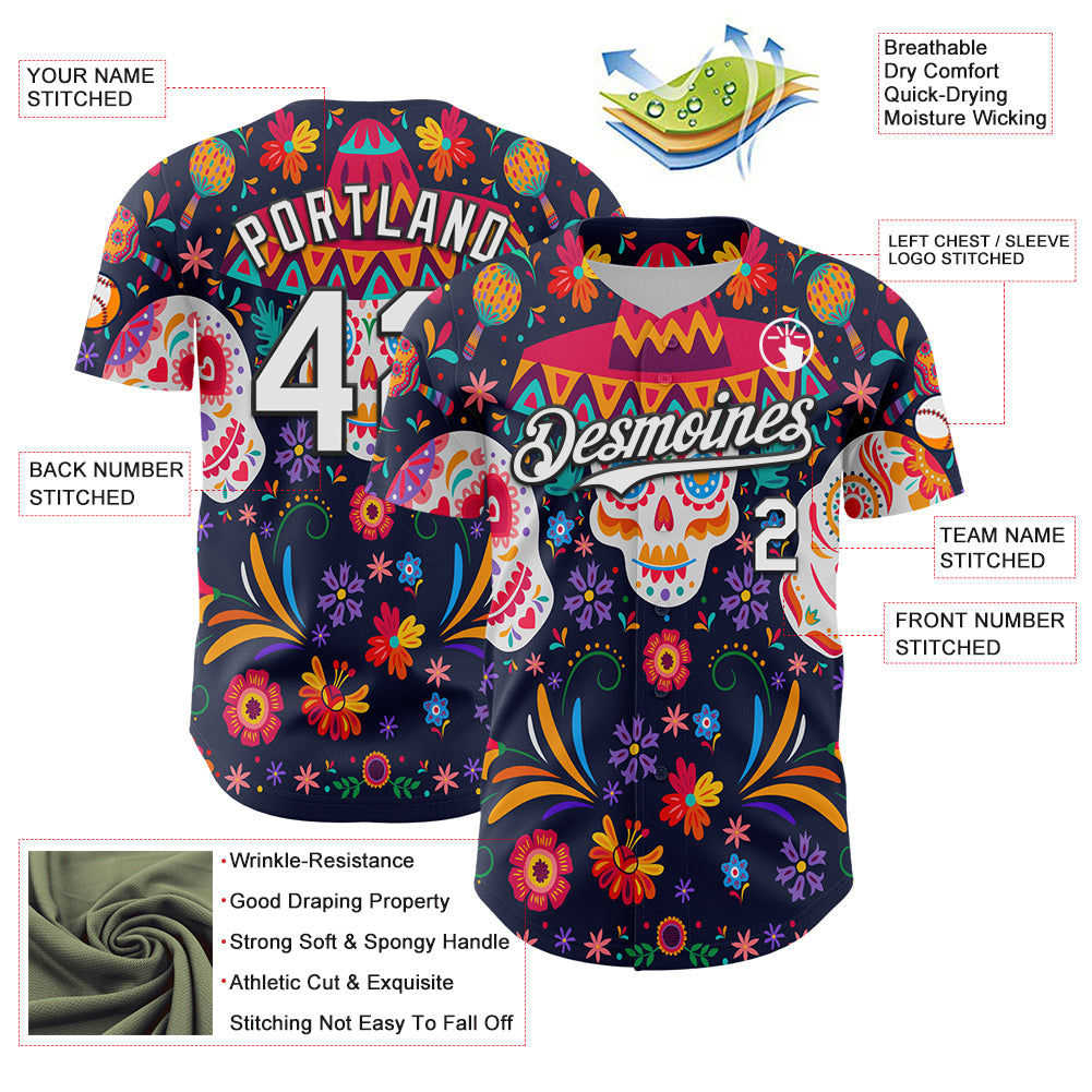Custom Navy White-Black 3D Mexican Festival Flower Skull With Sombrero Cinco de Mayo Authentic Baseball Jersey - Sky-Custom