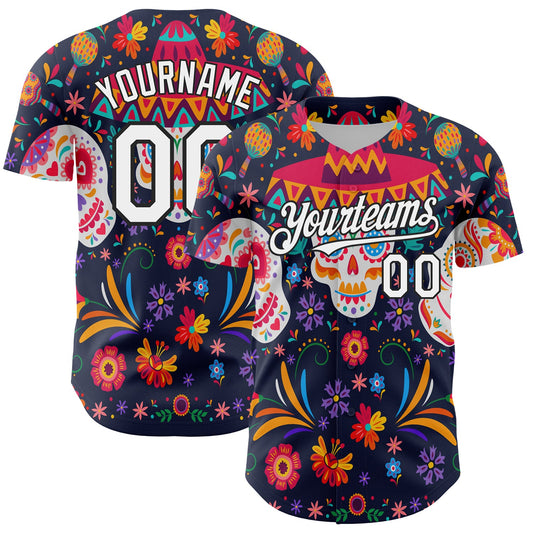 Custom Navy White-Black 3D Mexican Festival Flower Skull With Sombrero Cinco de Mayo Authentic Baseball Jersey - Sky-Custom