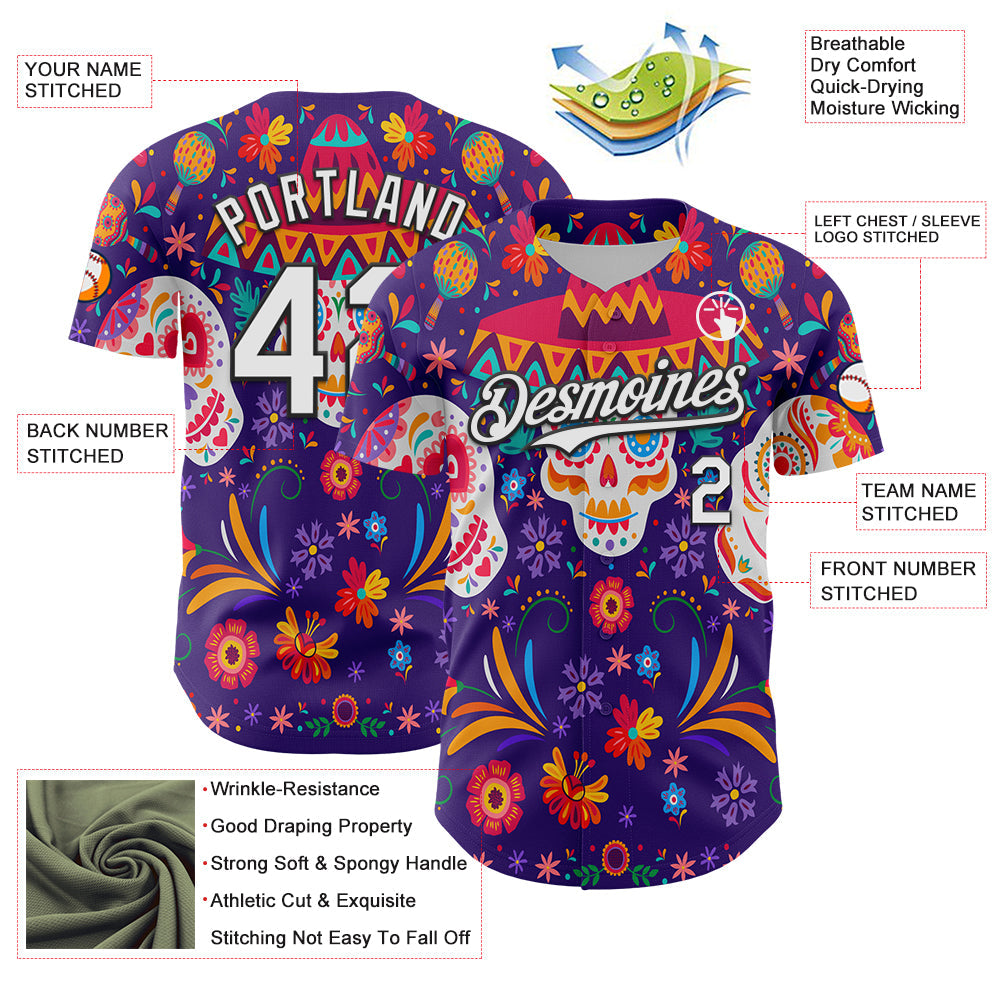 Custom Purple White-Black 3D Mexican Festival Flower Skull With Sombrero Cinco de Mayo Authentic Baseball Jersey - Sky-Custom