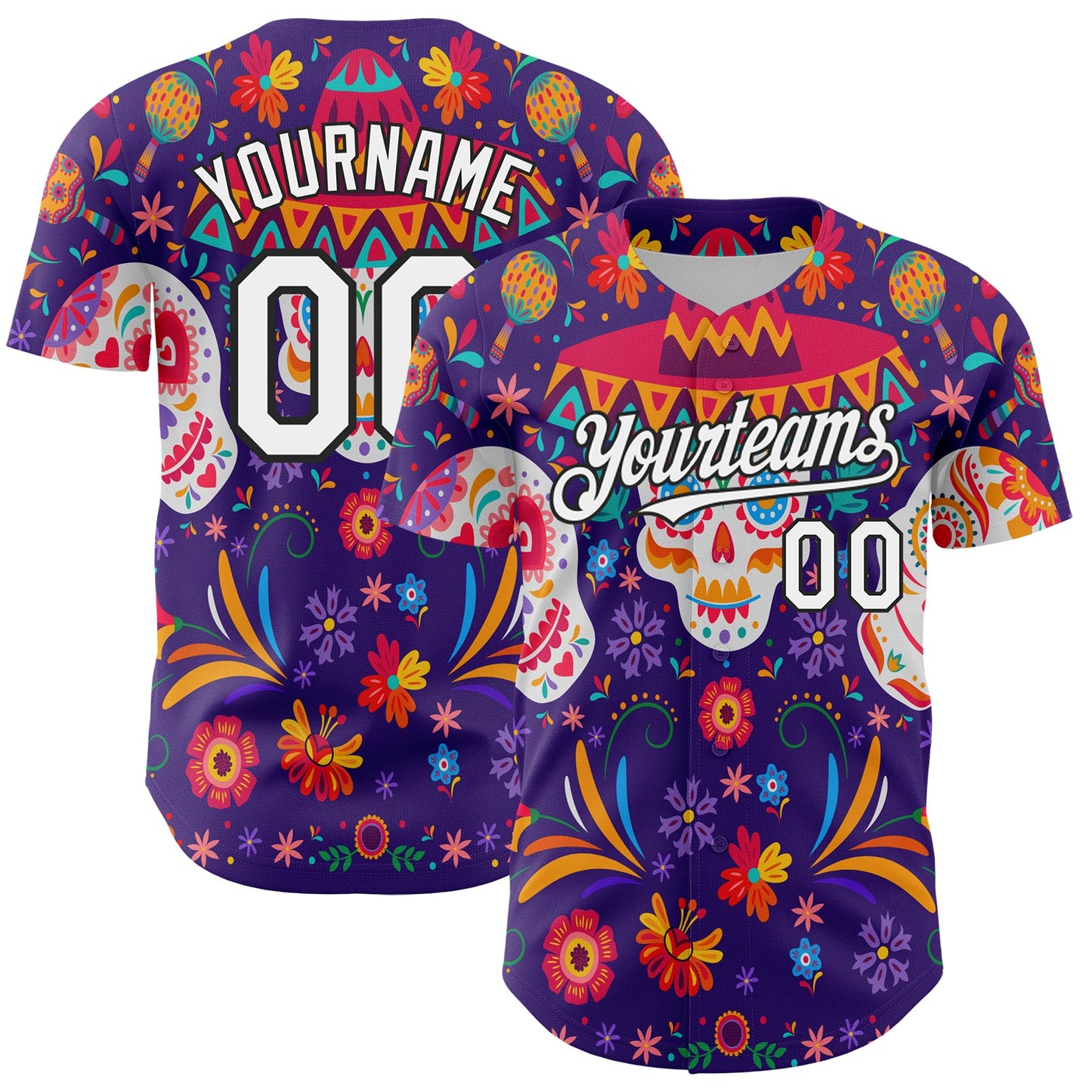 Custom Purple White-Black 3D Mexican Festival Flower Skull With Sombrero Cinco de Mayo Authentic Baseball Jersey - Sky-Custom