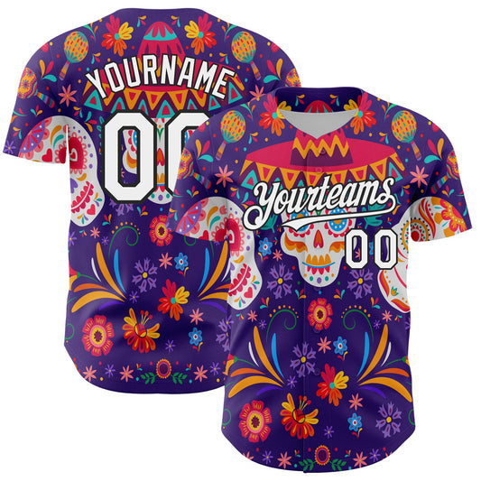 Custom Purple White-Black 3D Mexican Festival Flower Skull With Sombrero Cinco de Mayo Authentic Baseball Jersey - Sky-Custom