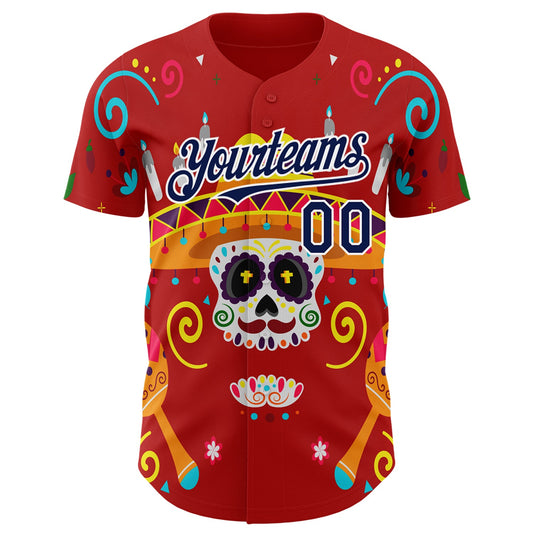 Custom Red Navy-White 3D Mexican Festival Flower And Skull Sombrero Cinco de Mayo Authentic Baseball Jersey - Sky-Custom