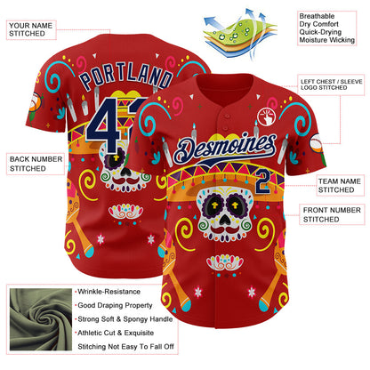 Custom Red Navy-White 3D Mexican Festival Flower And Skull Sombrero Cinco de Mayo Authentic Baseball Jersey - Sky-Custom