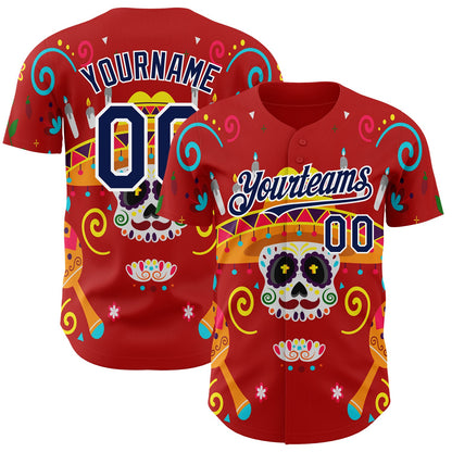 Custom Red Navy-White 3D Mexican Festival Flower And Skull Sombrero Cinco de Mayo Authentic Baseball Jersey - Sky-Custom