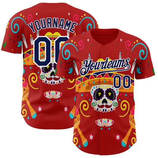 Custom Red Navy-White 3D Mexican Festival Flower And Skull Sombrero Cinco de Mayo Authentic Baseball Jersey - Sky-Custom
