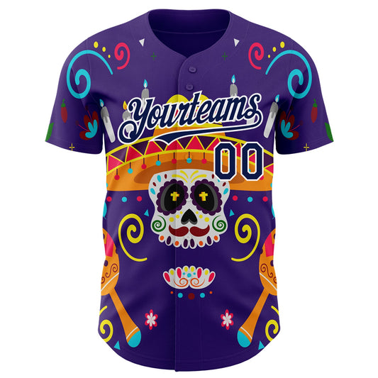 Custom Purple Navy-White 3D Mexican Festival Flower Skull With Sombrero Cinco de Mayo Authentic Baseball Jersey - Sky-Custom