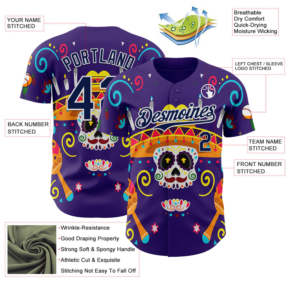 Custom Purple Navy-White 3D Mexican Festival Flower Skull With Sombrero Cinco de Mayo Authentic Baseball Jersey - Sky-Custom