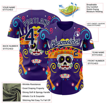 Custom Purple Navy-White 3D Mexican Festival Flower Skull With Sombrero Cinco de Mayo Authentic Baseball Jersey - Sky-Custom