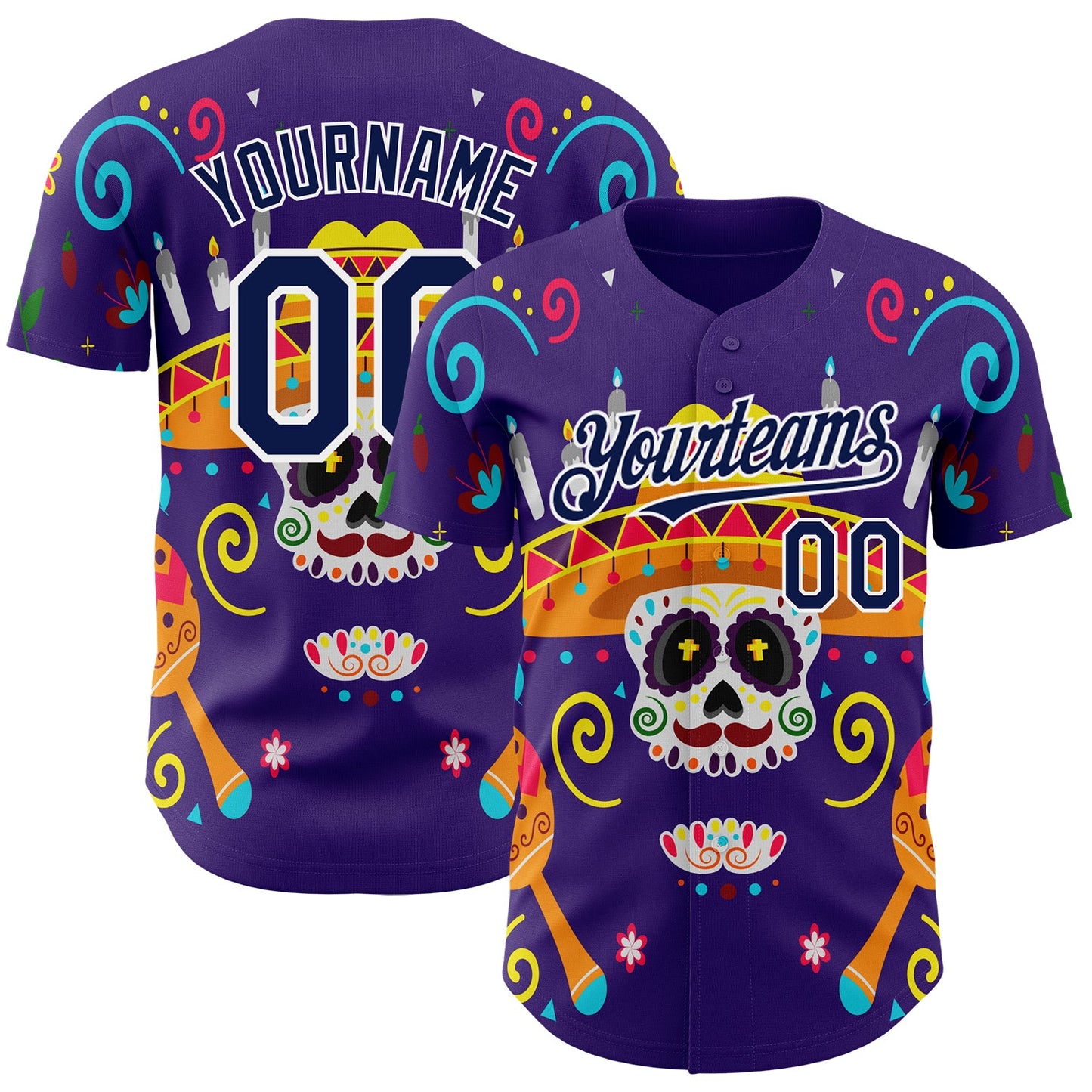 Custom Purple Navy-White 3D Mexican Festival Flower Skull With Sombrero Cinco de Mayo Authentic Baseball Jersey - Sky-Custom