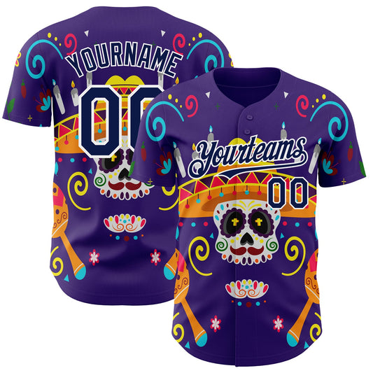 Custom Purple Navy-White 3D Mexican Festival Flower Skull With Sombrero Cinco de Mayo Authentic Baseball Jersey - Sky-Custom