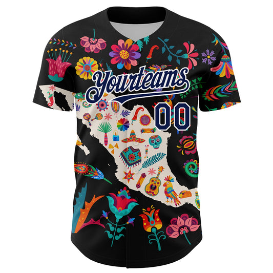 Custom Black Navy-White 3D Mexico Map With Tropical Plant And Animal Authentic Baseball Jersey - Sky-Custom