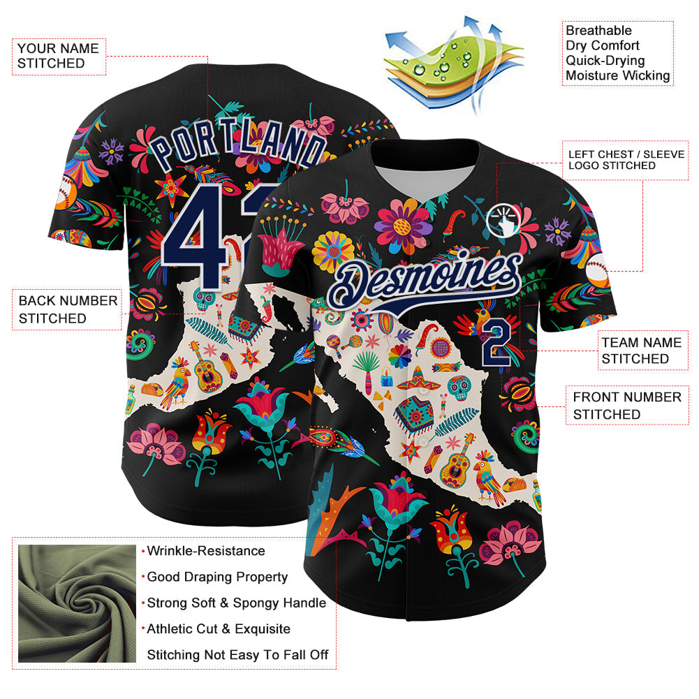 Custom Black Navy-White 3D Mexico Map With Tropical Plant And Animal Authentic Baseball Jersey - Sky-Custom