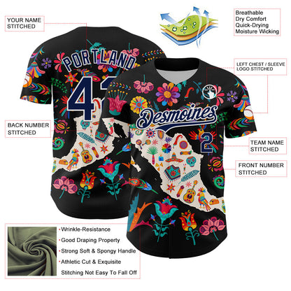 Custom Black Navy-White 3D Mexico Map With Tropical Plant And Animal Authentic Baseball Jersey - Sky-Custom