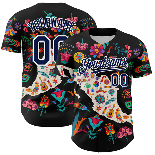 Custom Black Navy-White 3D Mexico Map With Tropical Plant And Animal Authentic Baseball Jersey - Sky-Custom