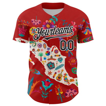 Custom Red Black-White 3D Mexico Map With Tropical Plant And Animal Authentic Baseball Jersey - Sky-Custom