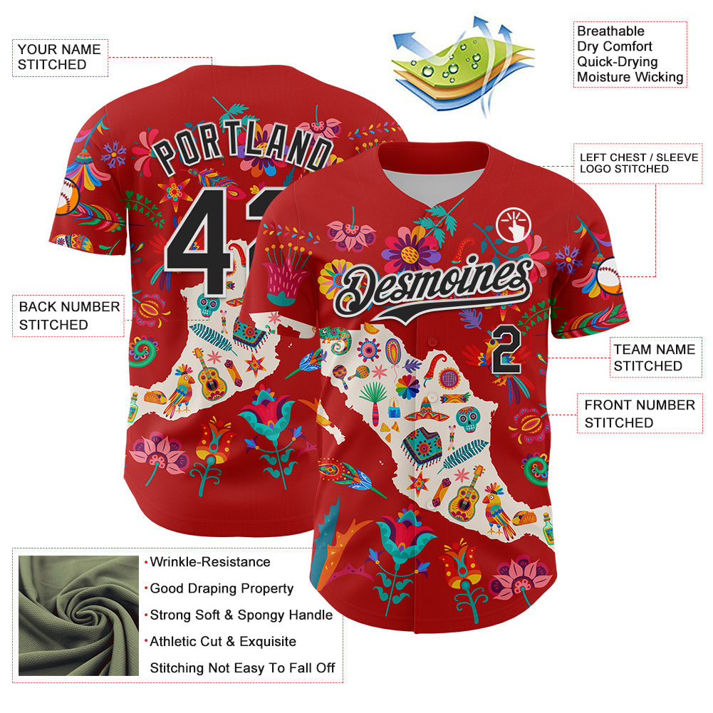 Custom Red Black-White 3D Mexico Map With Tropical Plant And Animal Authentic Baseball Jersey - Sky-Custom