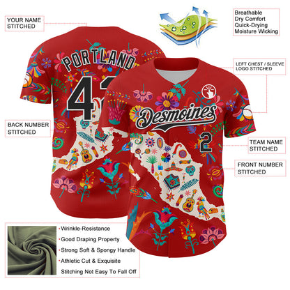 Custom Red Black-White 3D Mexico Map With Tropical Plant And Animal Authentic Baseball Jersey - Sky-Custom