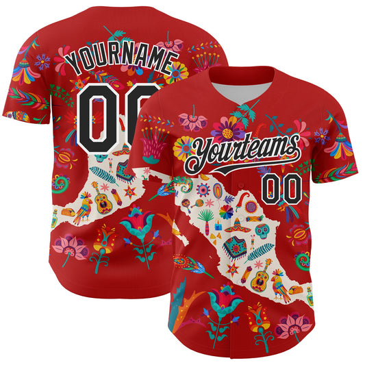 Custom Red Black-White 3D Mexico Map With Tropical Plant And Animal Authentic Baseball Jersey - Sky-Custom