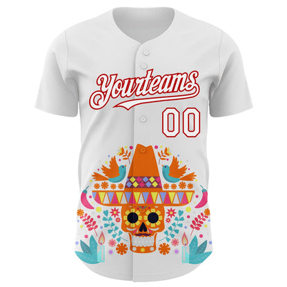 Custom White Red 3D Mexican Festival Flower Skull With Sombrero Cinco de Mayo Authentic Baseball Jersey - Sky-Custom