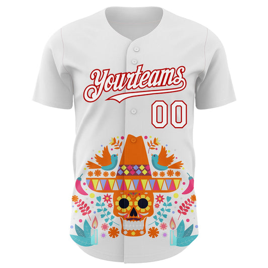 Custom White Red 3D Mexican Festival Flower Skull With Sombrero Cinco de Mayo Authentic Baseball Jersey - Sky-Custom