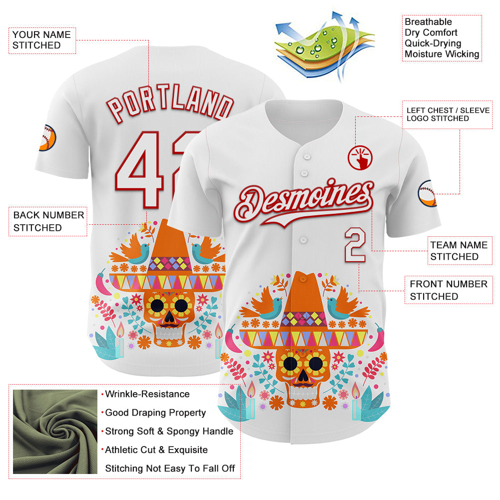 Custom White Red 3D Mexican Festival Flower Skull With Sombrero Cinco de Mayo Authentic Baseball Jersey - Sky-Custom