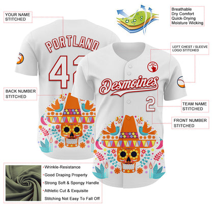 Custom White Red 3D Mexican Festival Flower Skull With Sombrero Cinco de Mayo Authentic Baseball Jersey - Sky-Custom