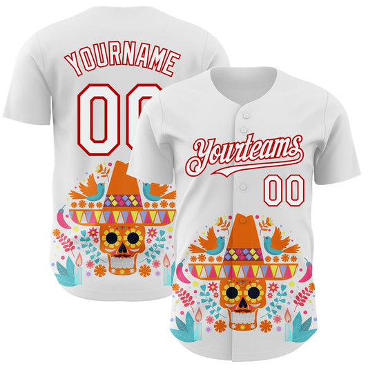 Custom White Red 3D Mexican Festival Flower Skull With Sombrero Cinco de Mayo Authentic Baseball Jersey - Sky-Custom