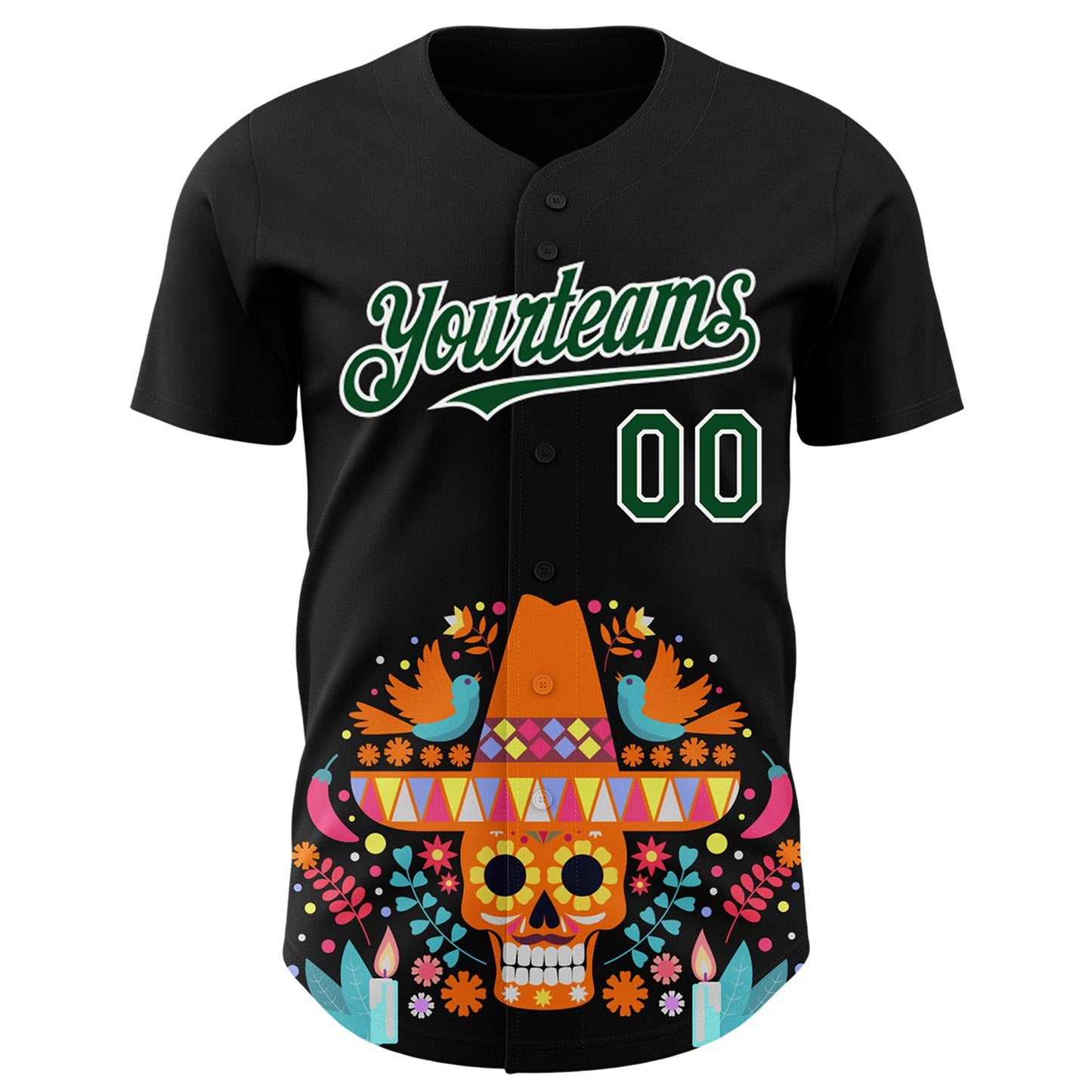 Custom Black Green-White 3D Mexican Festival Flower Skull With Sombrero Cinco de Mayo Authentic Baseball Jersey - Sky-Custom