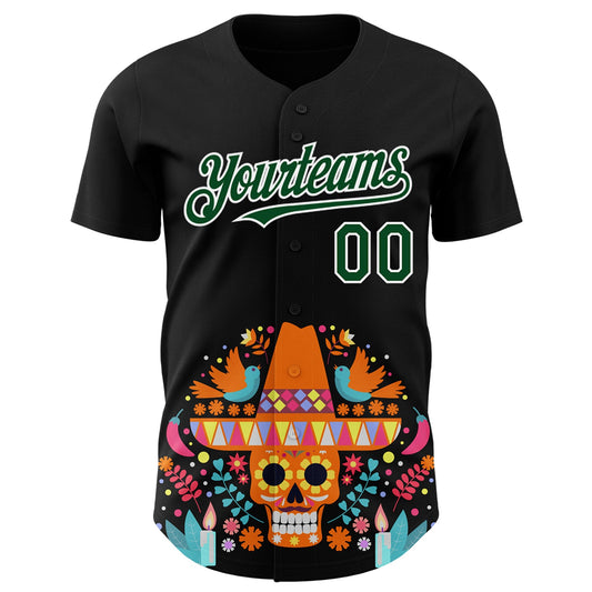 Custom Black Green-White 3D Mexican Festival Flower Skull With Sombrero Cinco de Mayo Authentic Baseball Jersey - Sky-Custom